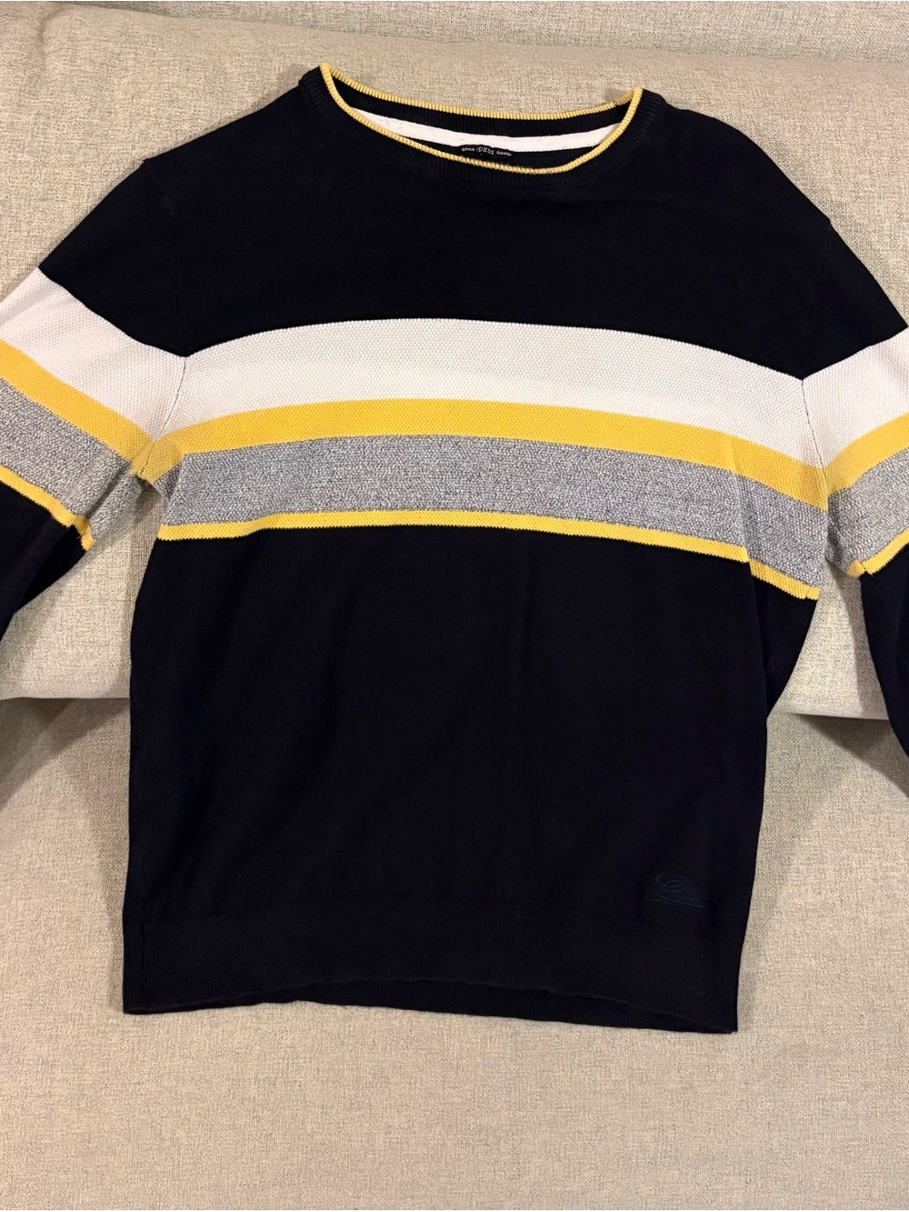 Guess Men's Black Crewneck Sweater with Yellow, White & Gray Stripes